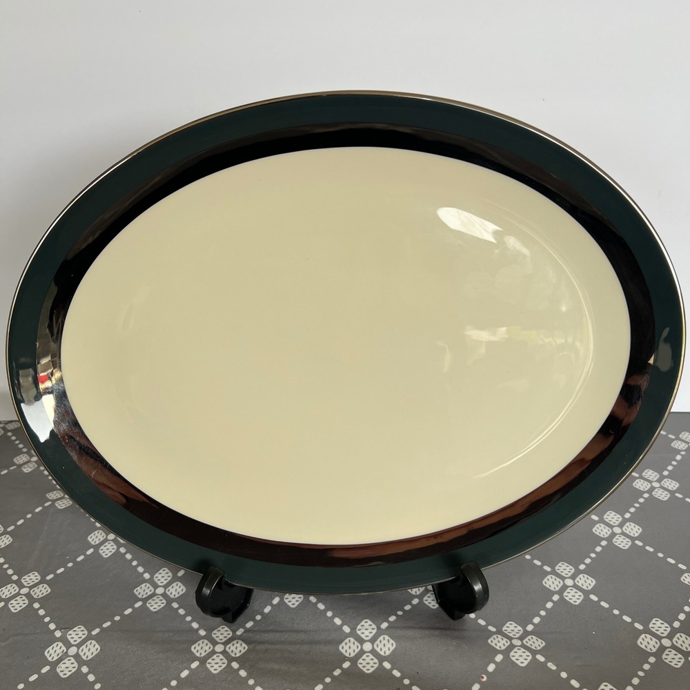 Flintridge China Oval Serving Platter Teal Green Silver Trim Made in USA 13.5in